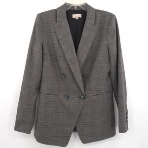 Loft plaid double-breasted blazer Size 8 gray burgundy long sleeve stretch